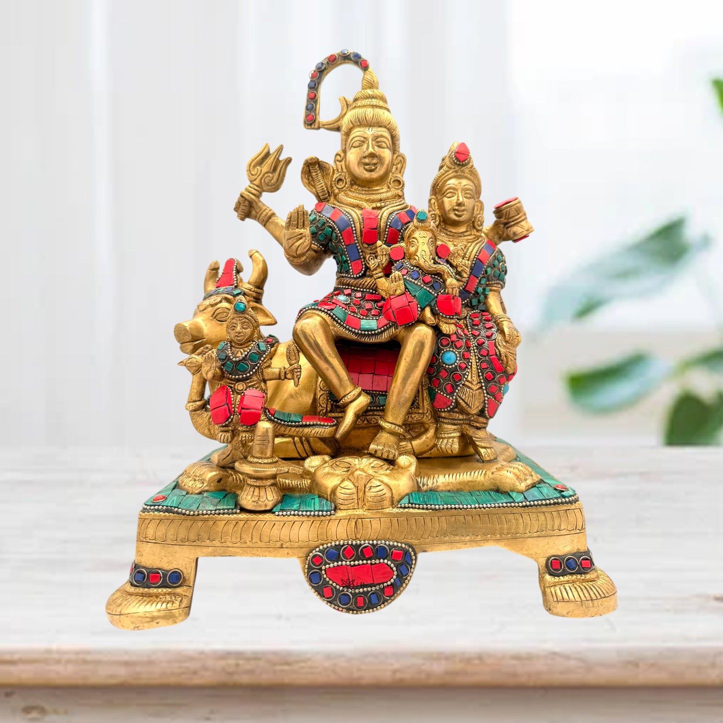 Brass Big Gem Stone Work Shiva Parivar Murti for Home and Decor Weight 8.3 Kg Height 32 cm