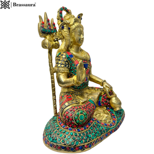 Brassaura™ Brass Shiva Idol Adorned with Gem Stones –– Height 11.2 Inches & Weight 4.5 Kgs | Traditional Décor