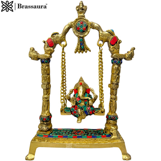 Brass Gem Stone Work Ganesha Jhula Statue For Home Decor Weight 2.5 Kg And Height 40 Cm