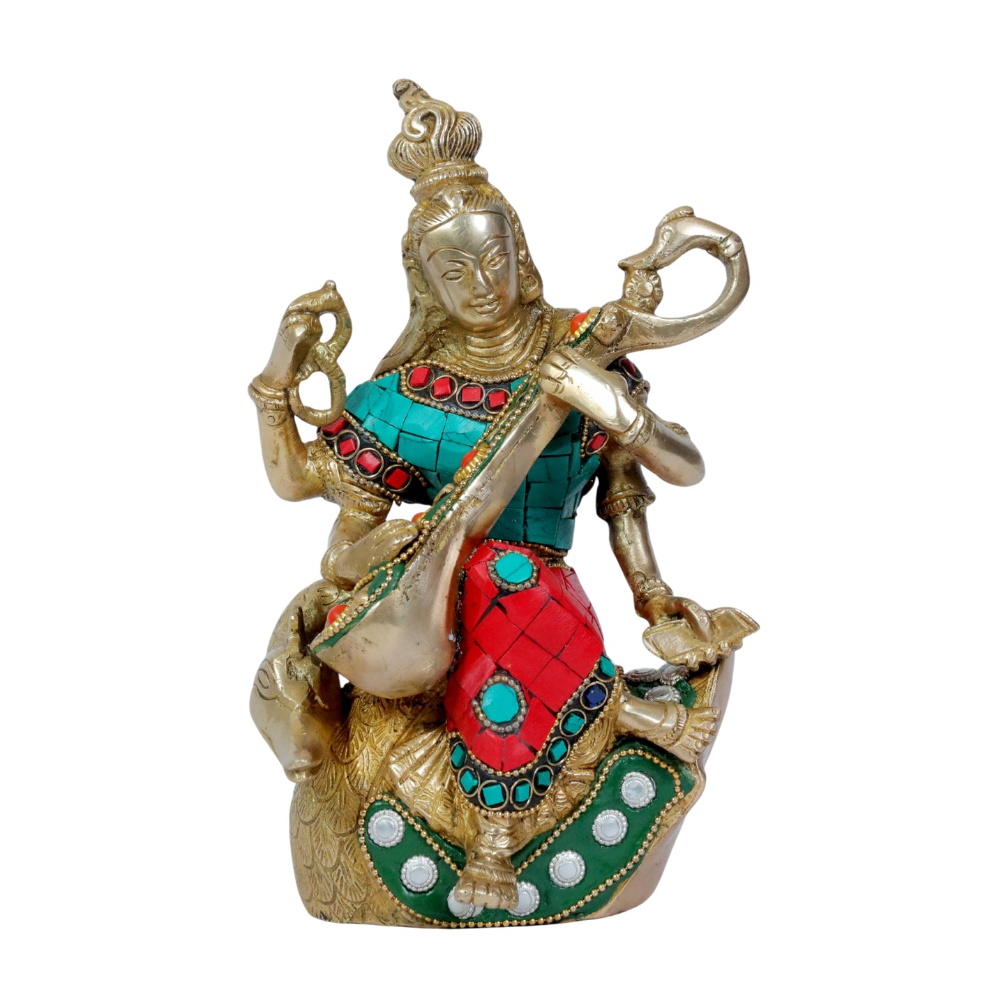 Brassaura™ Classic Brass Saraswati Murti with Gem Stone Work – Height 9.6 Inches & Weight 1.8 Kgs