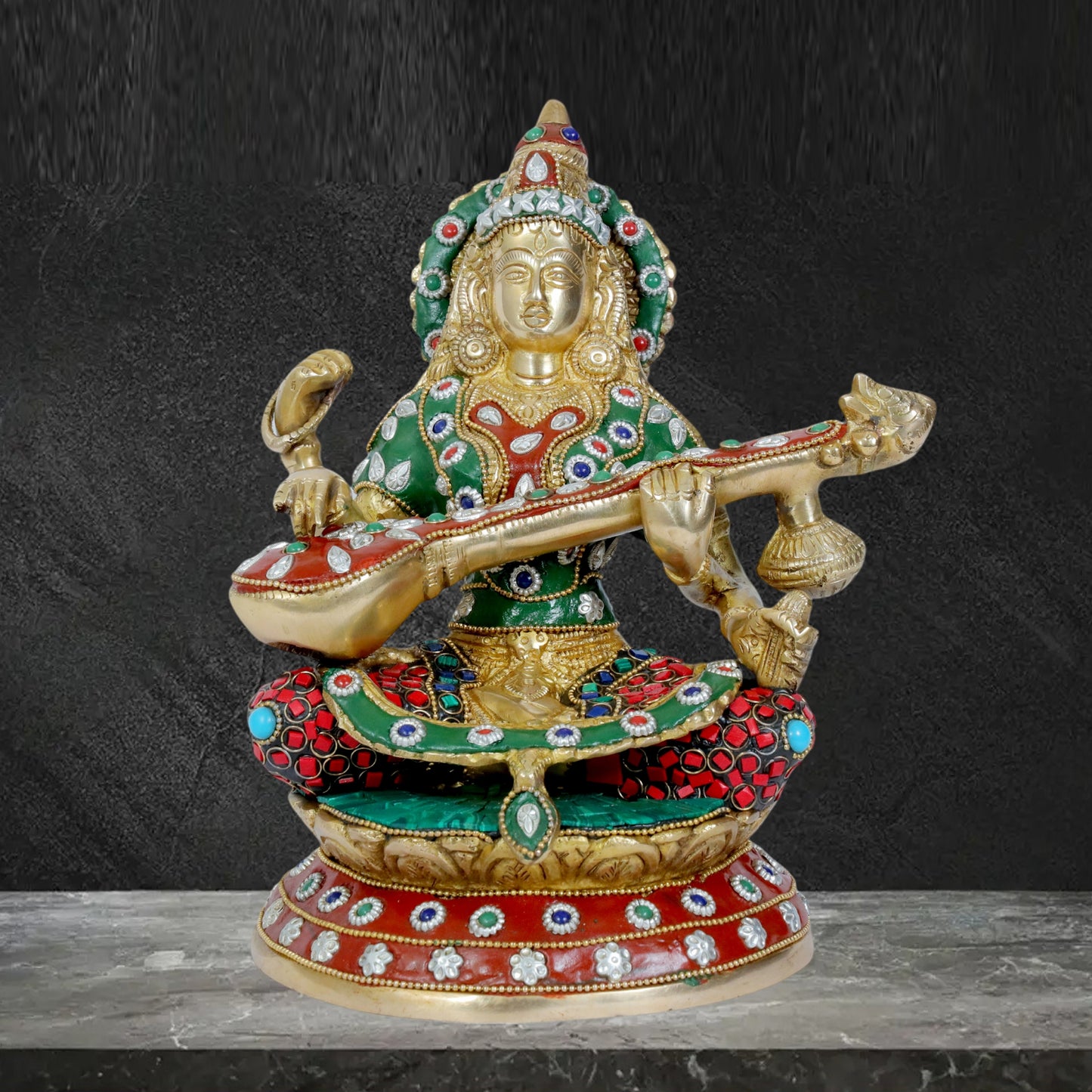 Brassaura™ Brass Saraswati with Gem Stone Work – Height 10.8 Inches & Weight 4 Kgs | Devotional Home Accent