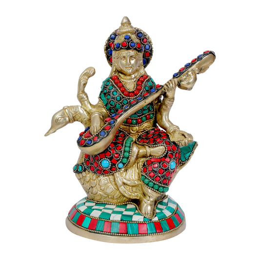 Brassaura™ Brass Gem Stone Saraswati Idol – Height 9.2 Inches & Weight 2.15 Kgs | Hindu Goddess Sculpture
