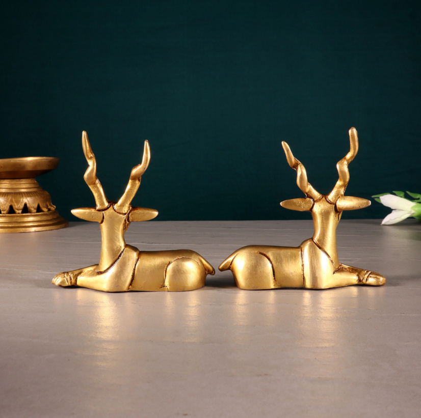 Brassaura™ Pure Brass Small Pair of Sitting Deer | Vastu Approved Handcrafted Décor | Weight 550 g | Height 3.5 Inches