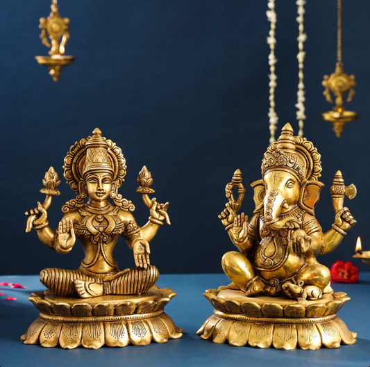 Brassaura™ Lakshmi & Ganesha Brass Idol Set | Superfine Handcrafted Pair | Height 11 Inches & Combined Weight 14.5 Kgs