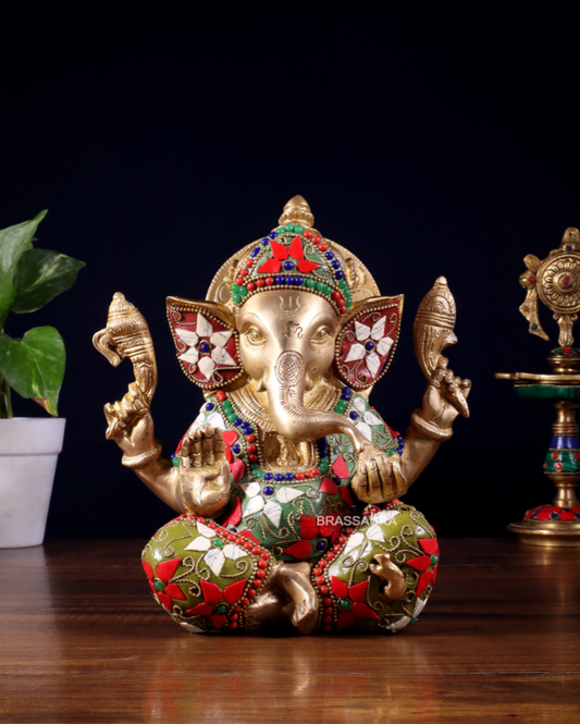 Brassaura™ Brass Taj Ganesha Idol with Stonework | Height 8 Inches & Weight 3 Kgs