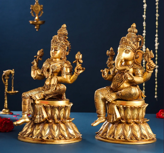 Brassaura™ Lakshmi & Ganesha Brass Idol Set | Handcrafted Superfine Pair | Height 14.8 Inches & Combined Weight 16.4 Kgs