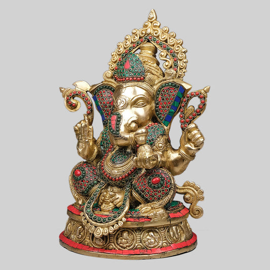 Brassaura® Sitting Ganesha with Ring Stonework | Handcrafted Brass Idol | Height 14 Inches & Weight 17.5 Kgs