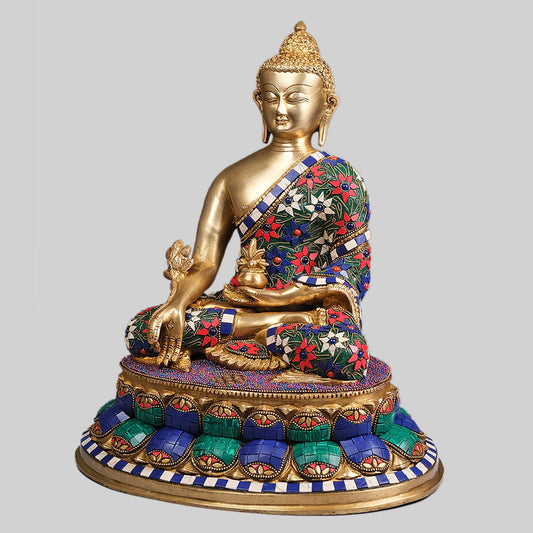 Brassaura® Meditating Buddha with Stonework | Handcrafted Brass Idol | Height 13 Inches & Weight 6.75 Kgs