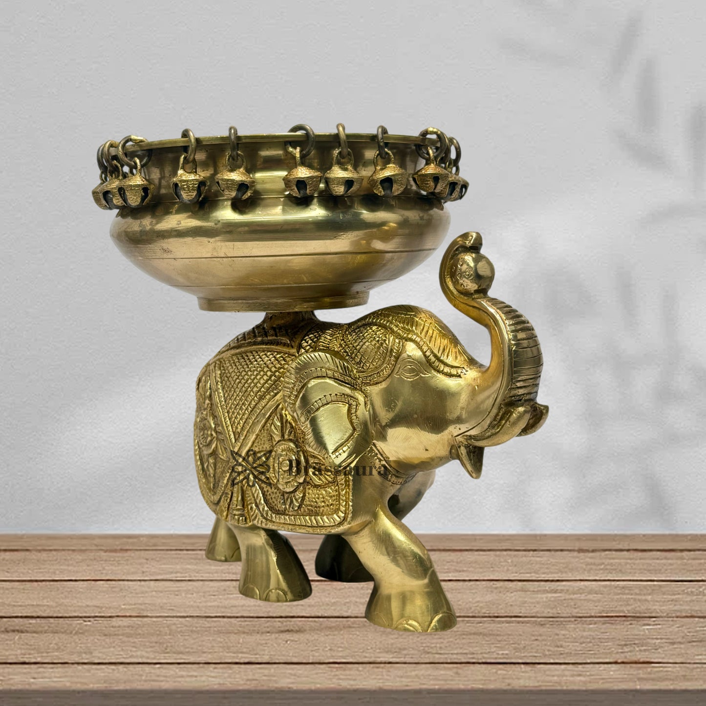 Brass Urli with Elephant Statue for Home Decor Weight 3.1 Kg Height 24 cm