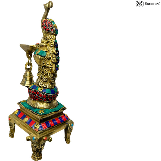 Brassaura® Brass Gemstone Work Peacock Diya with Gemstone Inlay Finish | Pure Superfine Brass Handcrafted Murti | Brass Statue for Home Temple, Pooja Room | Height 7.9 Inches | Weight 2 Kgs