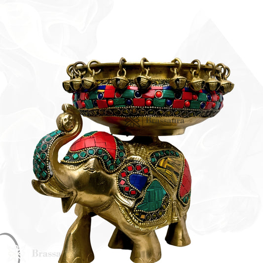 Brass Urli with Elephant Gem Stone Work Statue Height 19 cm Weight 3.2 Kg