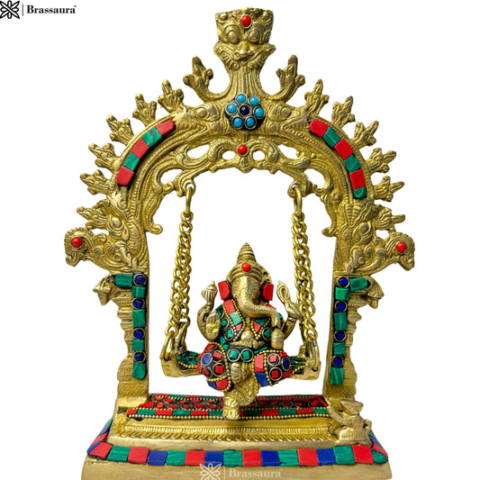 Brassaura™ Gemstone-Embellished Brass Ganesha Swing Jhula for Home & Temple Décor | Height 11 Inches & Weight 1.6 Kgs