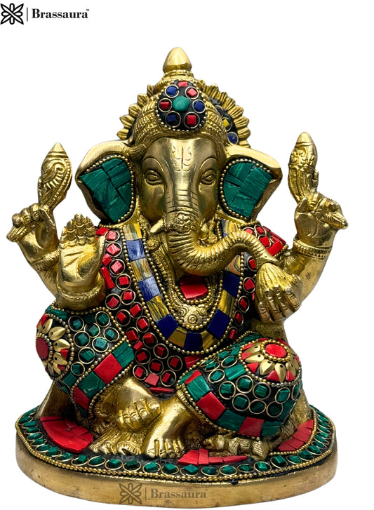 Brassaura™ Gemstone-Embellished Brass Ganesha Murti for Home & Temple Décor | Height 8.3 Inches & Weight 2.5 Kgs