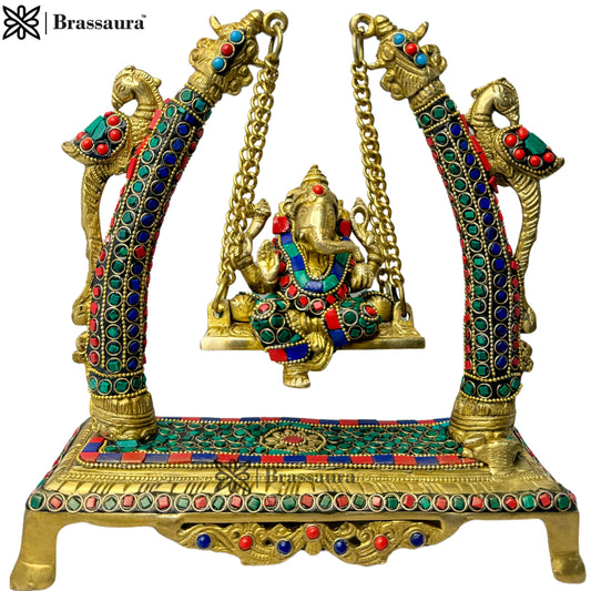 Brassaura™ Gemstone-Embellished Brass Ganesha Jhula for Home & Temple Décor | Height 11 Inches & Weight 3.3 Kgs