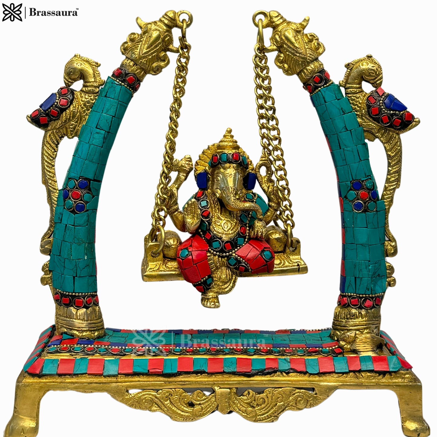 Brass Gem Stone Work Ganesha Jhula Statue For Home Decor Weight 3 Kg And Height 30 Cm