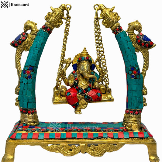 Brassaura™ Gemstone-Embellished Brass Ganesha Jhula for Home & Temple Décor | Height 11.8 Inches & Weight 3 Kgs
