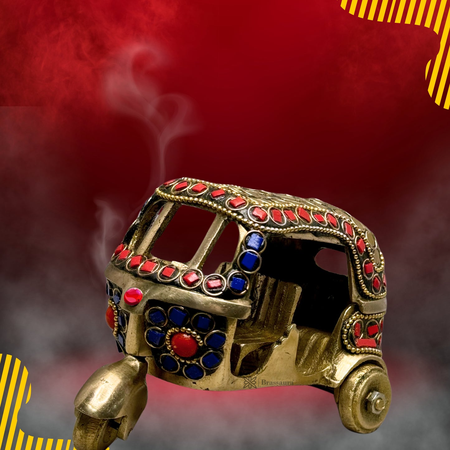 Brass Gem Stone Work Rickshaw for Home and Decor Weight .5 Kg Height 11 cm
