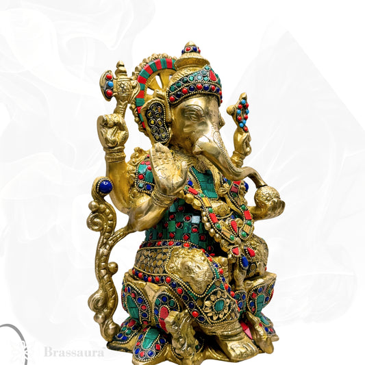 Brassaura™ Gemstone-Embellished Brass Ganesha for Home & Temple Décor | Height 13 Inches & Weight 7 Kgs