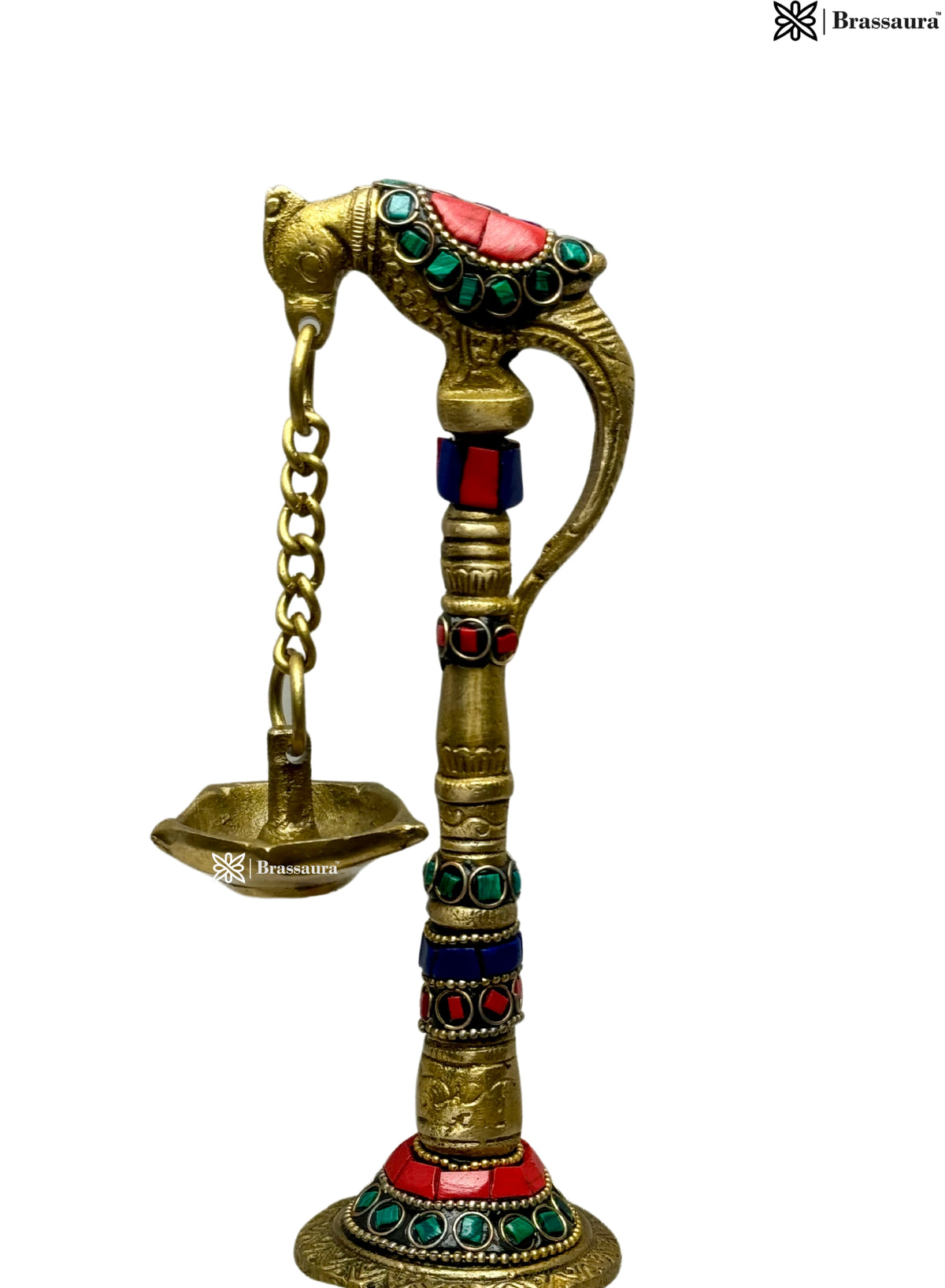 Brassaura® Brass Gemstone Work Diya with Gemstone Inlay Finish | Pure Superfine Brass Handcrafted Murti | Brass Statue for Home Temple, Pooja Room | Height 8.27 Inches | Weight 1.15 Kgs