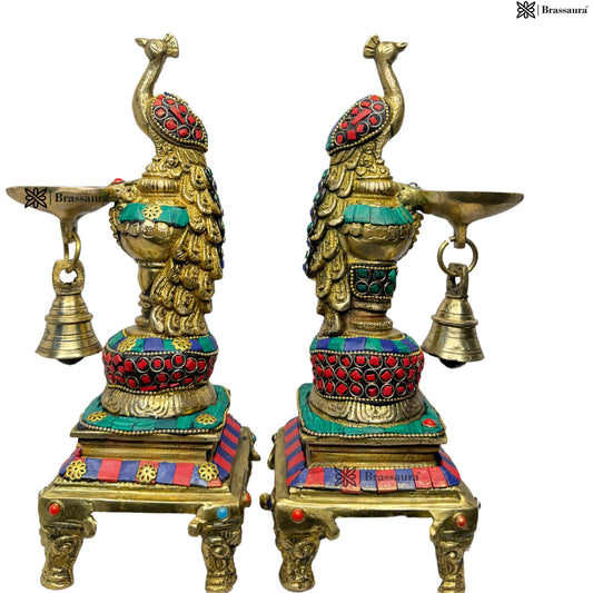 Brassaura® Brass Gem Stone Work Peacock Diya Pair | Handcrafted Decorative Oil Lamp Set | Height 11 Inches & Weight 4.8 Kgs