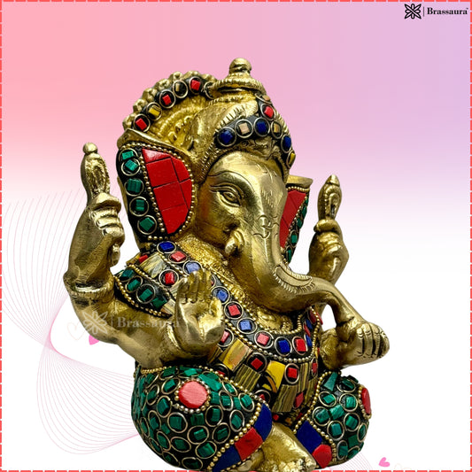 Brassaura Gemstone-Inlaid Brass Ganesha Murti for Home & Temple Décor | Height 5.9 Inches