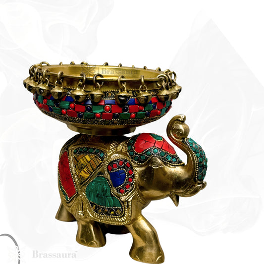 Brassaura® Brass Urli with Elephant Gem Stone Work Statue | Handcrafted Decorative Centerpiece | Height 7.5 Inches & Weight 3.2 Kgs