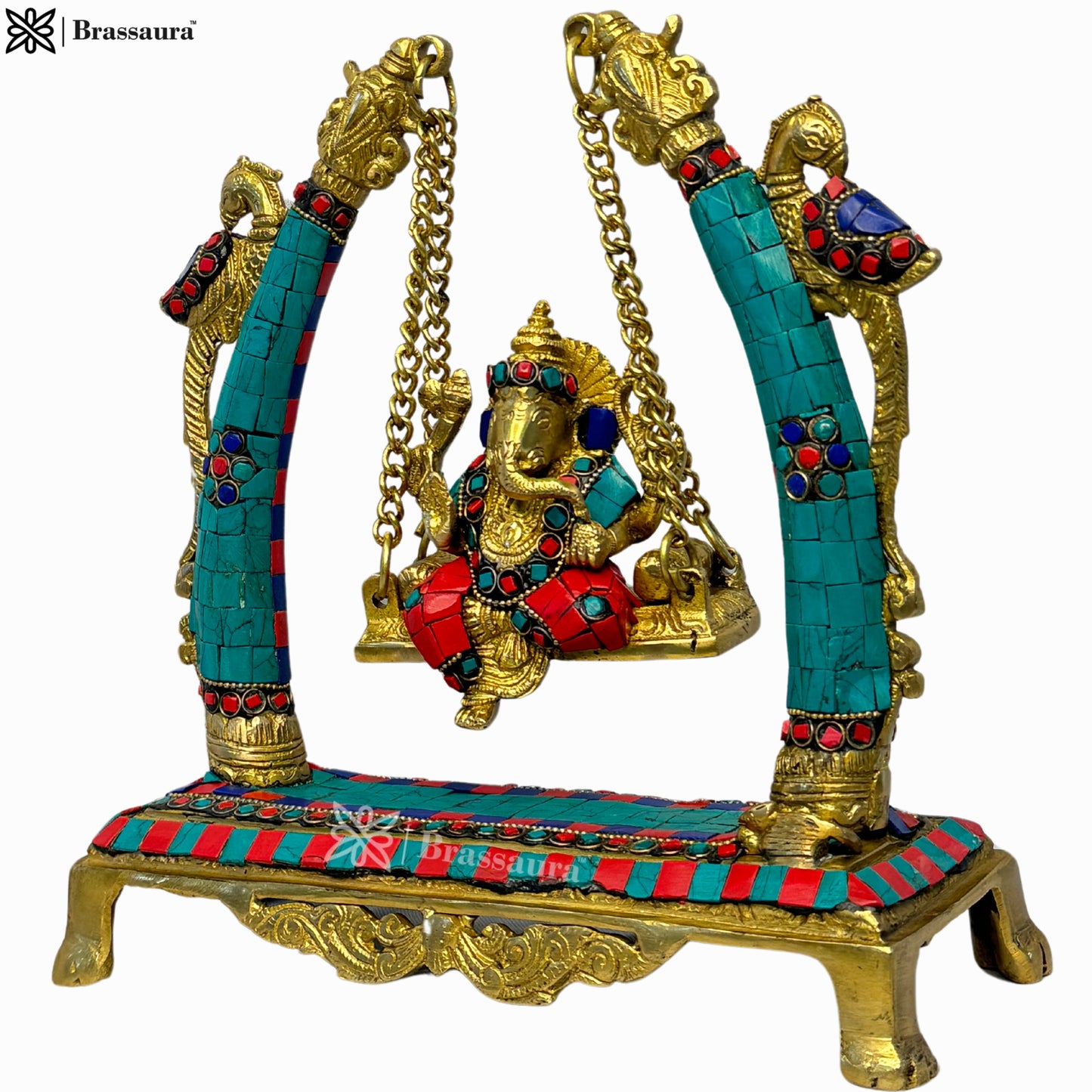 Brass Gem Stone Work Ganesha Jhula Statue For Home Decor Weight 3 Kg And Height 30 Cm