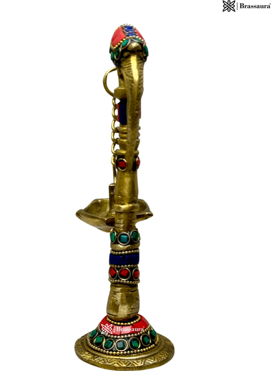 Brassaura® Brass Gemstone Work Diya with Stand with Gemstone Inlay Finish | Pure Superfine Brass Handcrafted Murti | Brass Statue for Home Temple, Pooja Room | Height 8.3 Inches | Weight 0.4 Kgs