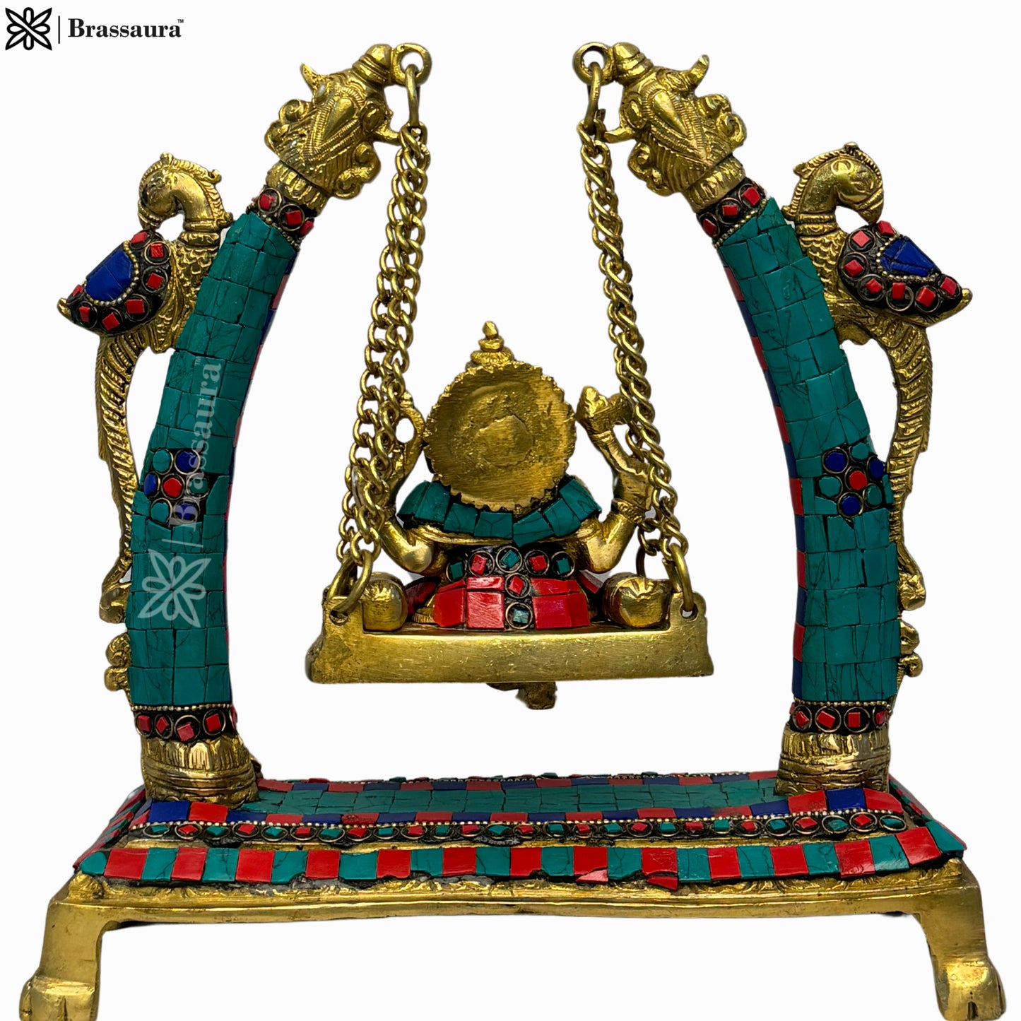 Brass Gem Stone Work Ganesha Jhula Statue For Home Decor Weight 3 Kg And Height 30 Cm