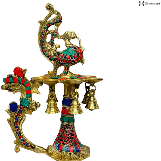 Brass Gem Stone Work Peacock Decorative Diya Weight 2.30 Kg Height 11 Inch
