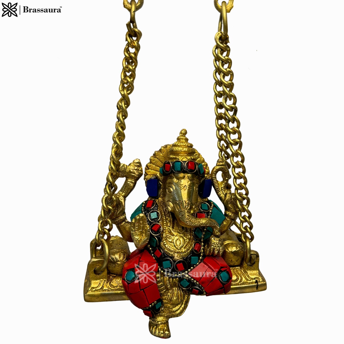 Brass Gem Stone Work Ganesha Jhula Statue For Home Decor Weight 3 Kg And Height 30 Cm
