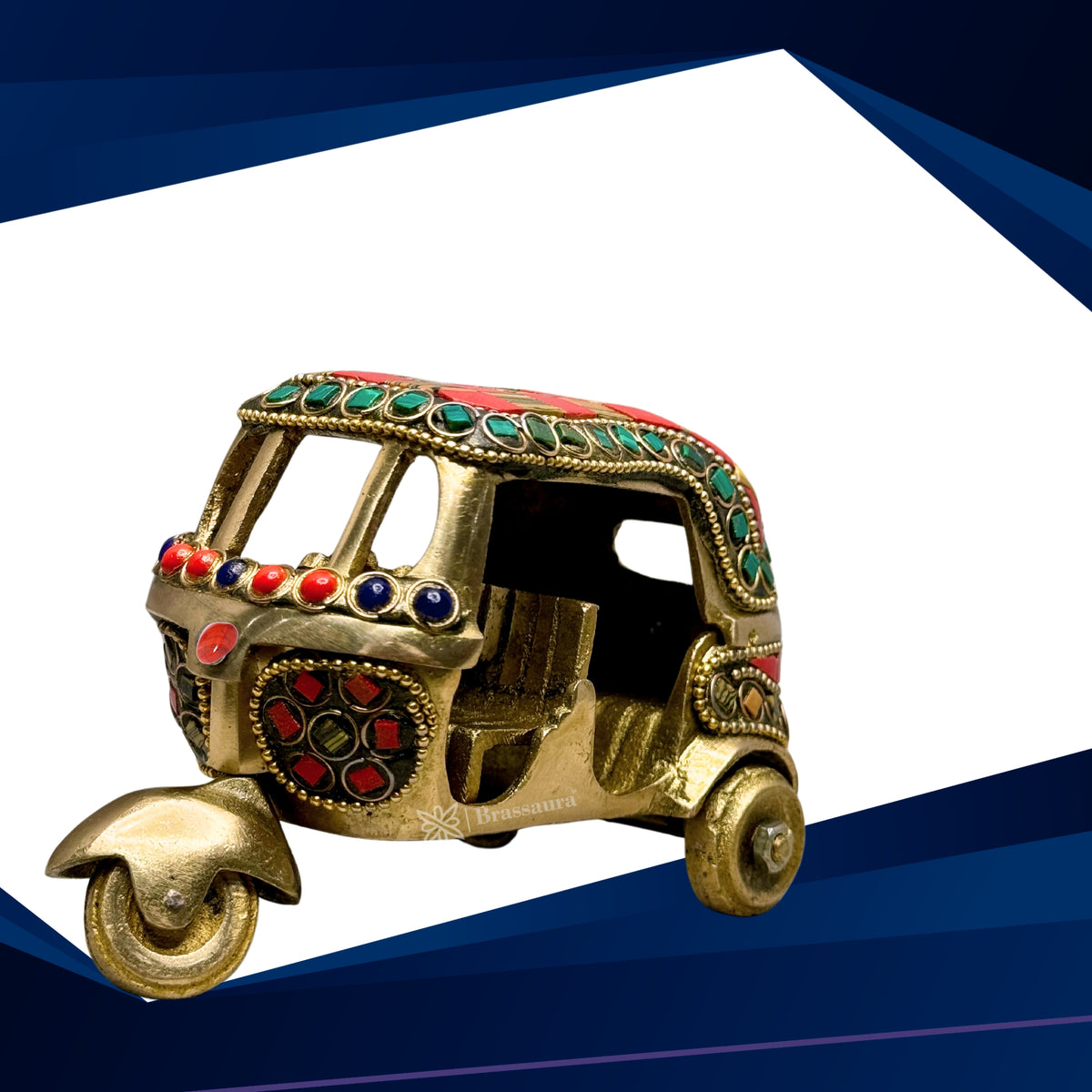 Brass Gem Stone Work Rickshaw for Home and Decor Weight .5 Kg Height 11 cm