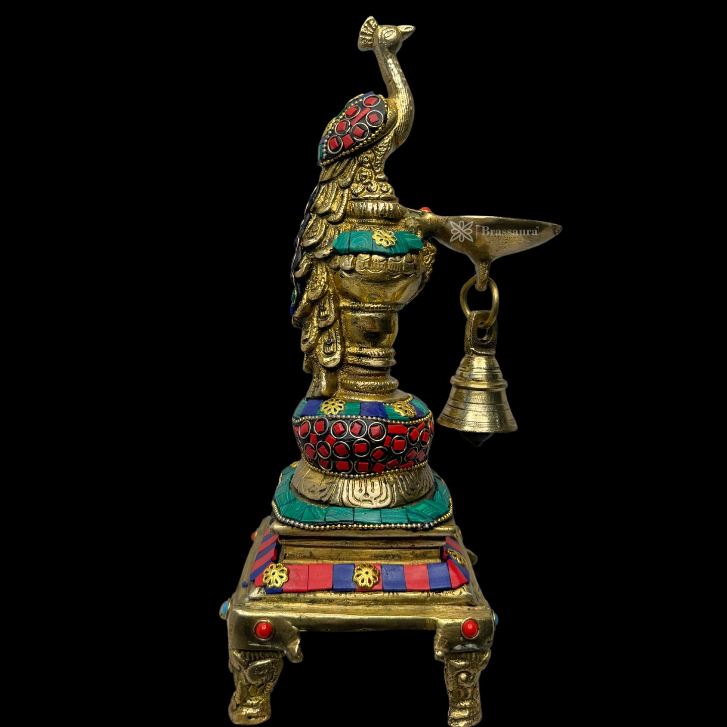 Brass Gem Stone Work Peacock Diya for Home Decor Weight 2 Kg Height 7.9 Inch