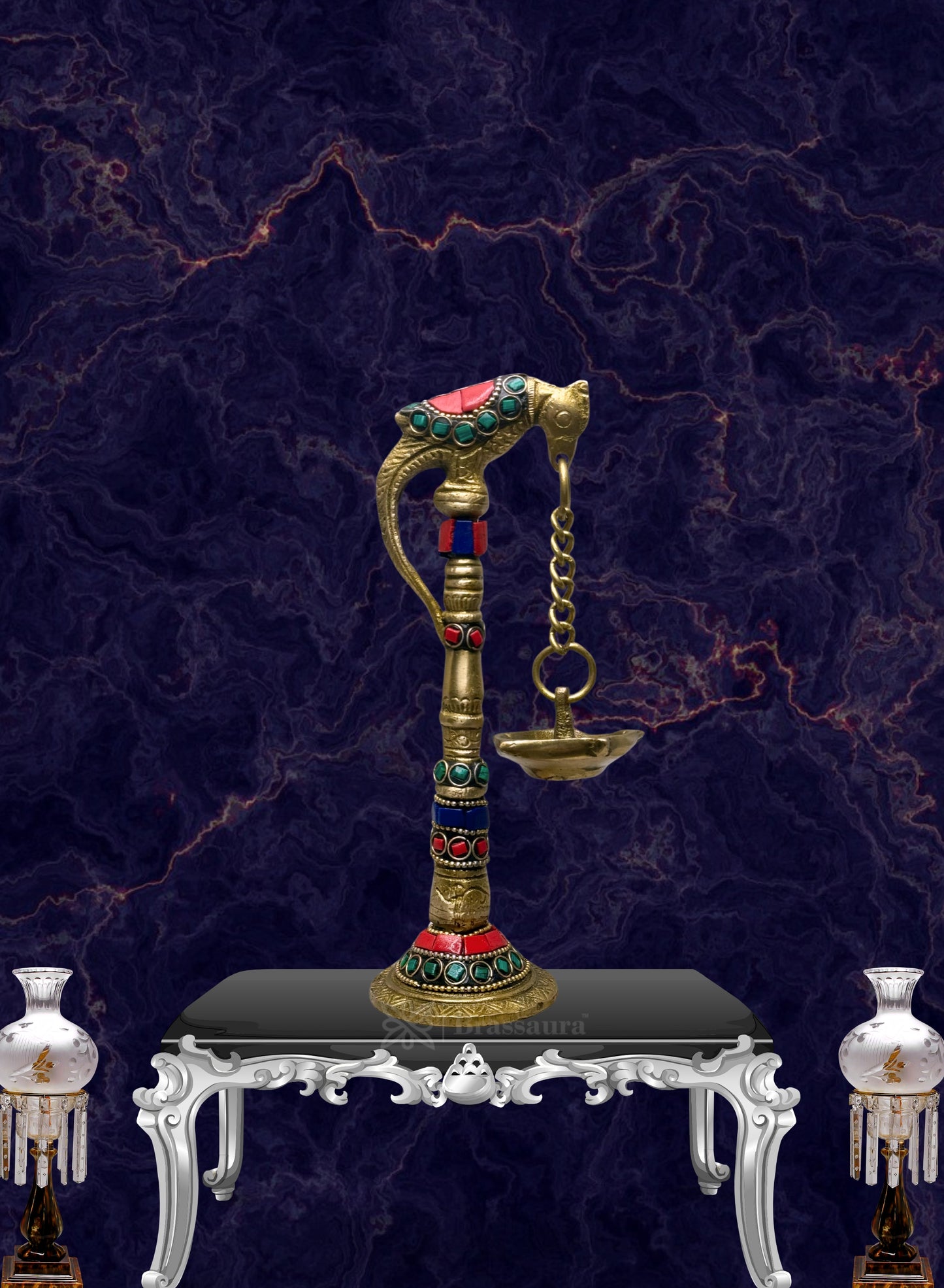 Brass Gem Stone Work Diya with Stand for Home Decor Weight .4 Kg & Height 8.3 Inch