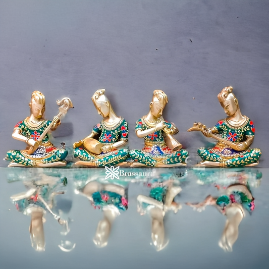Brassaura™ Brass Tribal Musicians Set with Stonework – Height 6.3 Inches & Total Weight 6 Kgs