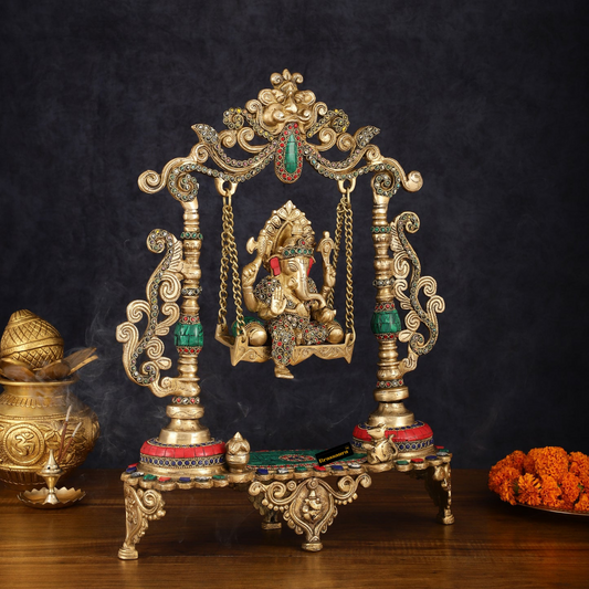 Brassaura™ Brass Lord Ganesha Swing with Multicolor Stonework – 18" Height, 7.5 kg – Elegant Handcrafted Centerpiece