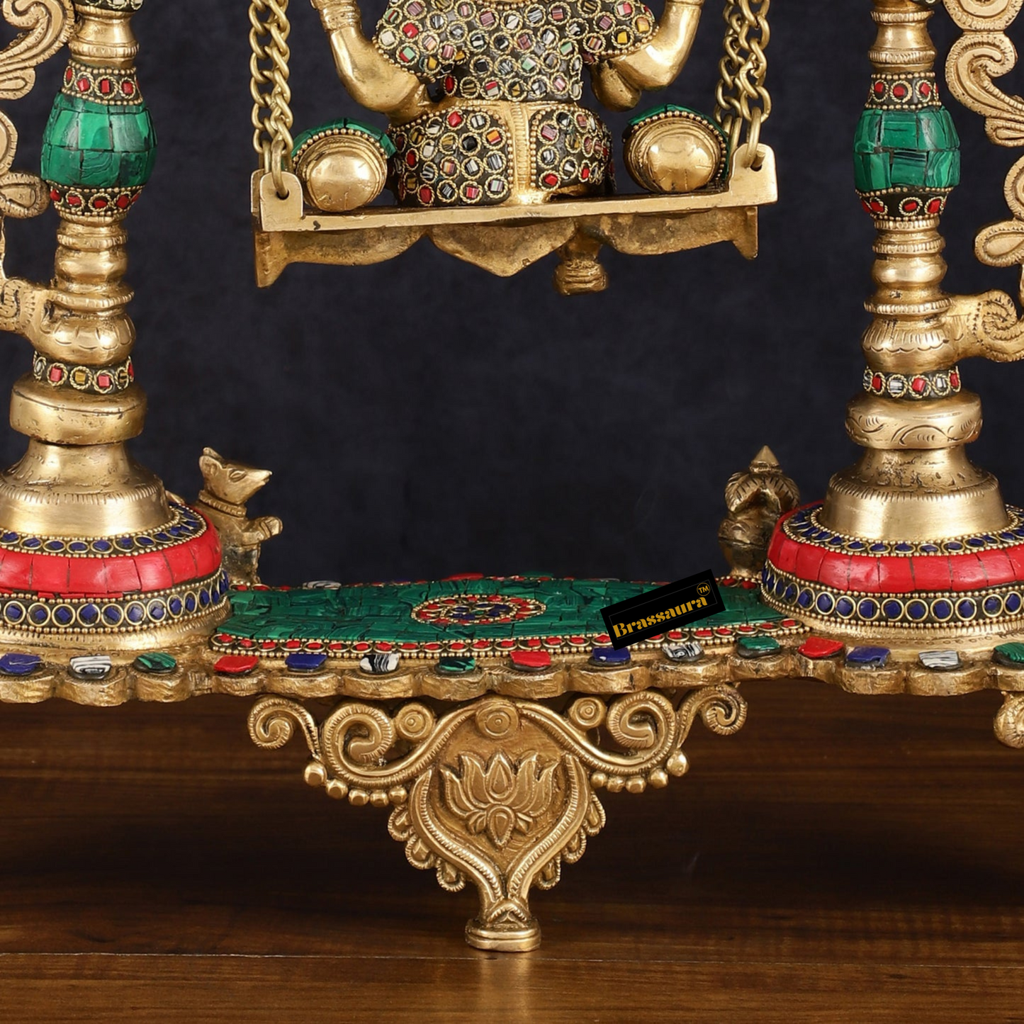 Brassaura™ Brass Lord Ganesha Swing with Multicolor Stonework – 18" Height, 7.5 kg – Elegant Handcrafted Centerpiece