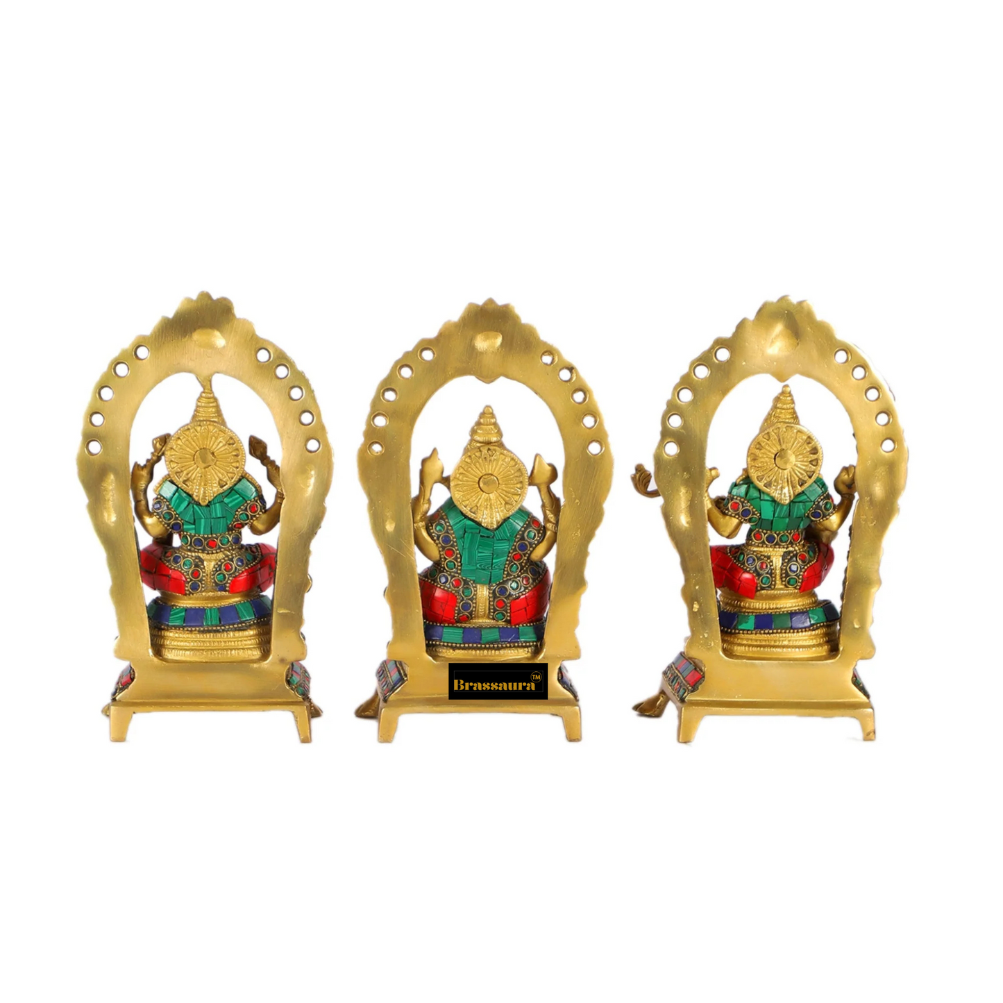 Brassaura® Premium Brass Gem Stone Work Laxmi Ganesha Saraswati Idol – Height 8 Inches | Hindu God Sculpture
