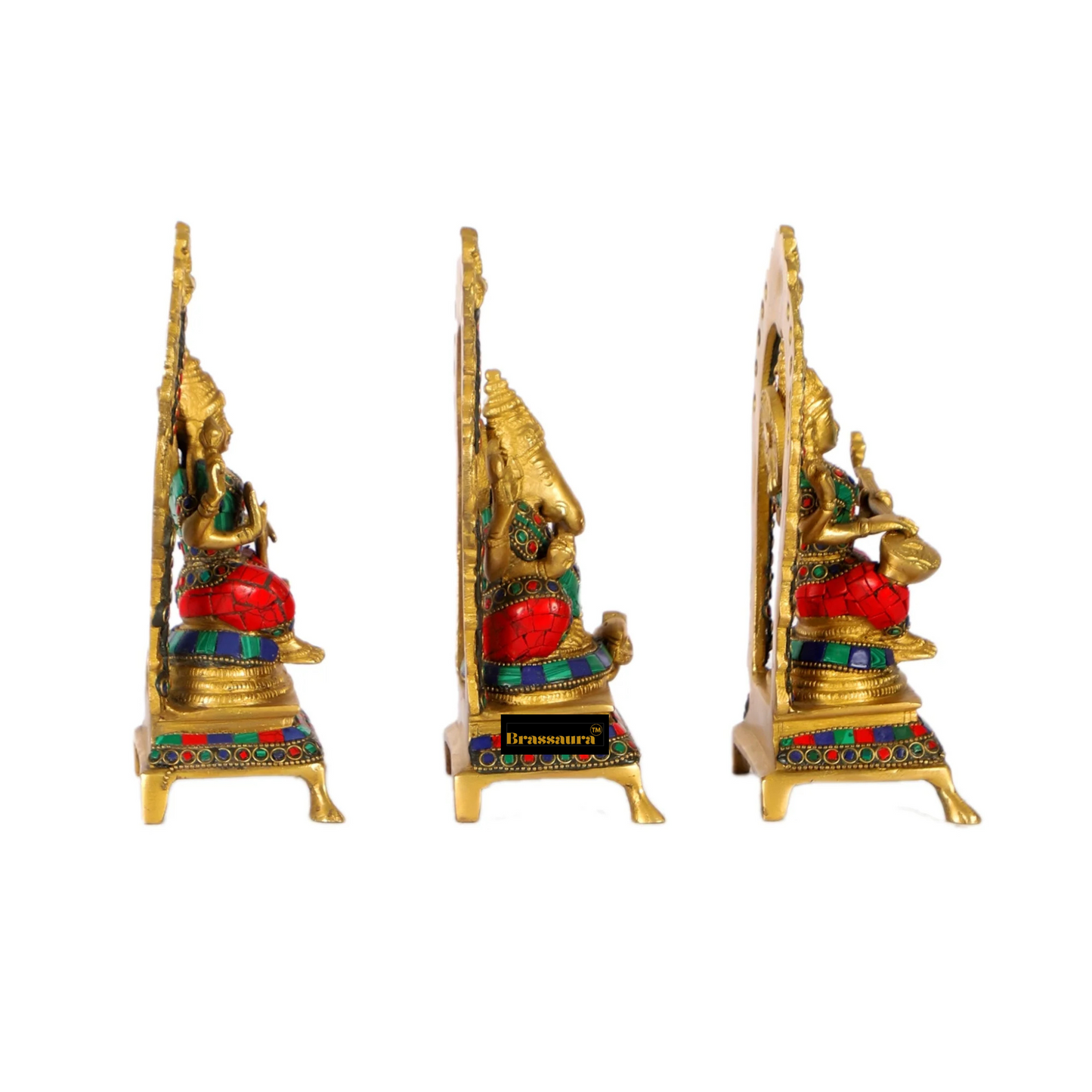 Brass Gem Stone Work Laxmi Ganesha Saraswati Murti for Home and Decor Height 8 Inches