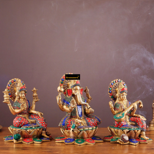 Brassaura® Lakshmi Ganesha Saraswati Murti Set with Fine Gemstone Work | Pure Superfine Brass Handcrafted Murti | Brass Statue for Home Temple, Pooja Room | Height 12 Inches | Weight 19 Kgs