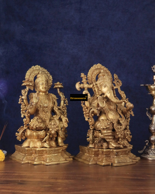 Brassaura® Grand Artistic Lakshmi Ganesha Idol Set with Fine Traditional Detailing | Pure Superfine Brass Handcrafted Murti | Brass Statue for Home Temple, Pooja Room | Height 18 Inches | Weight 40 Kgs