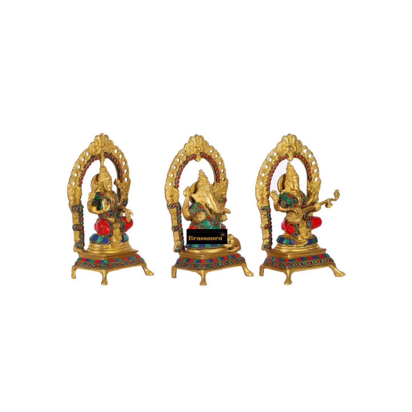 Brass Gem Stone Work Laxmi Ganesha Saraswati Murti for Home and Decor Height 8 Inches