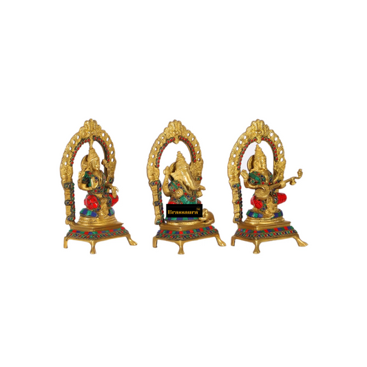 Brassaura® Premium Brass Gem Stone Work Laxmi Ganesha Saraswati Idol – Height 8 Inches | Hindu God Sculpture