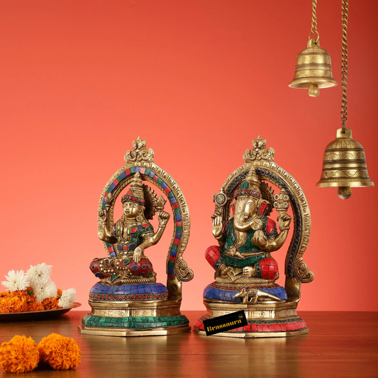 Brassaura® Lakshmi Ganesha Idol Set with Vibrant Gemstone Inlay | Pure Superfine Brass Handcrafted Murti | Brass Statue for Home Temple, Pooja Room | Height 11 Inches | Weight 7 Kgs