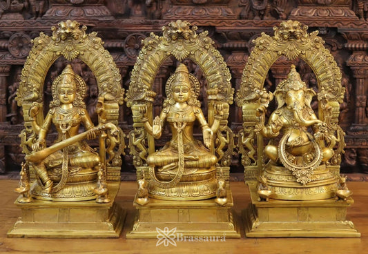 Brassaura™ Handcrafted Brass Laxmi Ganesha Saraswati Murti – Height 24 Inches & Weight 71.64 Kgs | Puja Room Idol