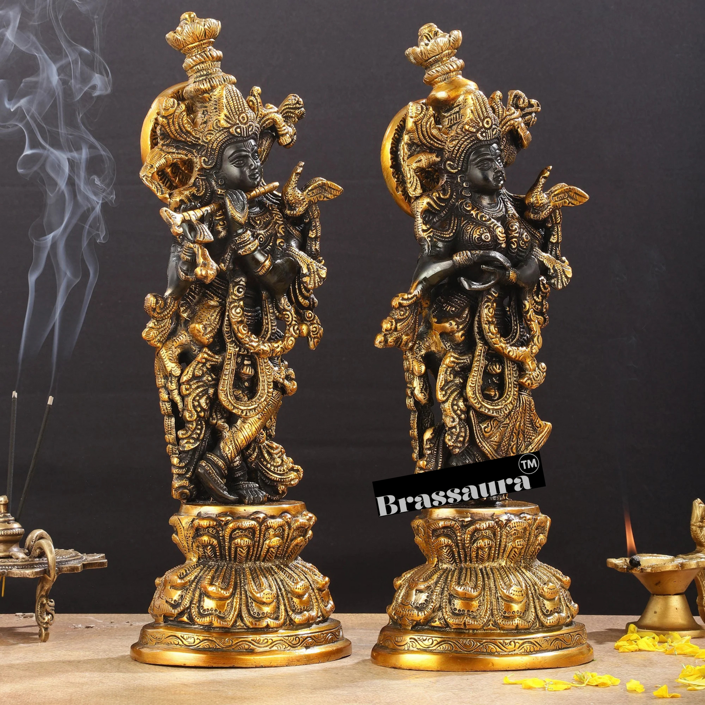 Brassaura™ Intricately Crafted Brass Radha Krishna Idols – 15 Inch Height, 10 Kg Pair | Black & Gold Heat-Treated Finish