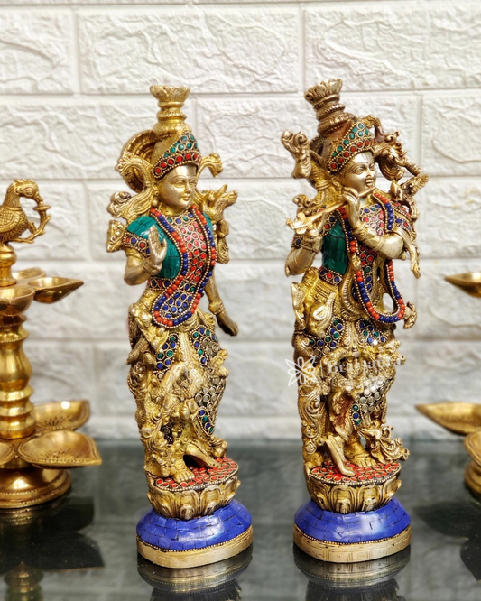 Brassaura™ Brass Gem Stone Work Radha-Krishna Idol – Height 14 Inches & Weight 8.5 Kgs | Devotional Home Décor
