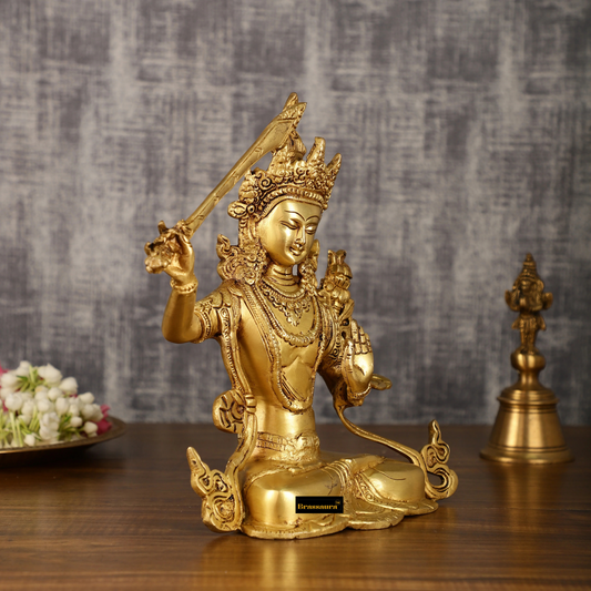 Brassaura™ Brass Manjushri Buddha Statue – Height 10 Inches, Weight 3 Kgs