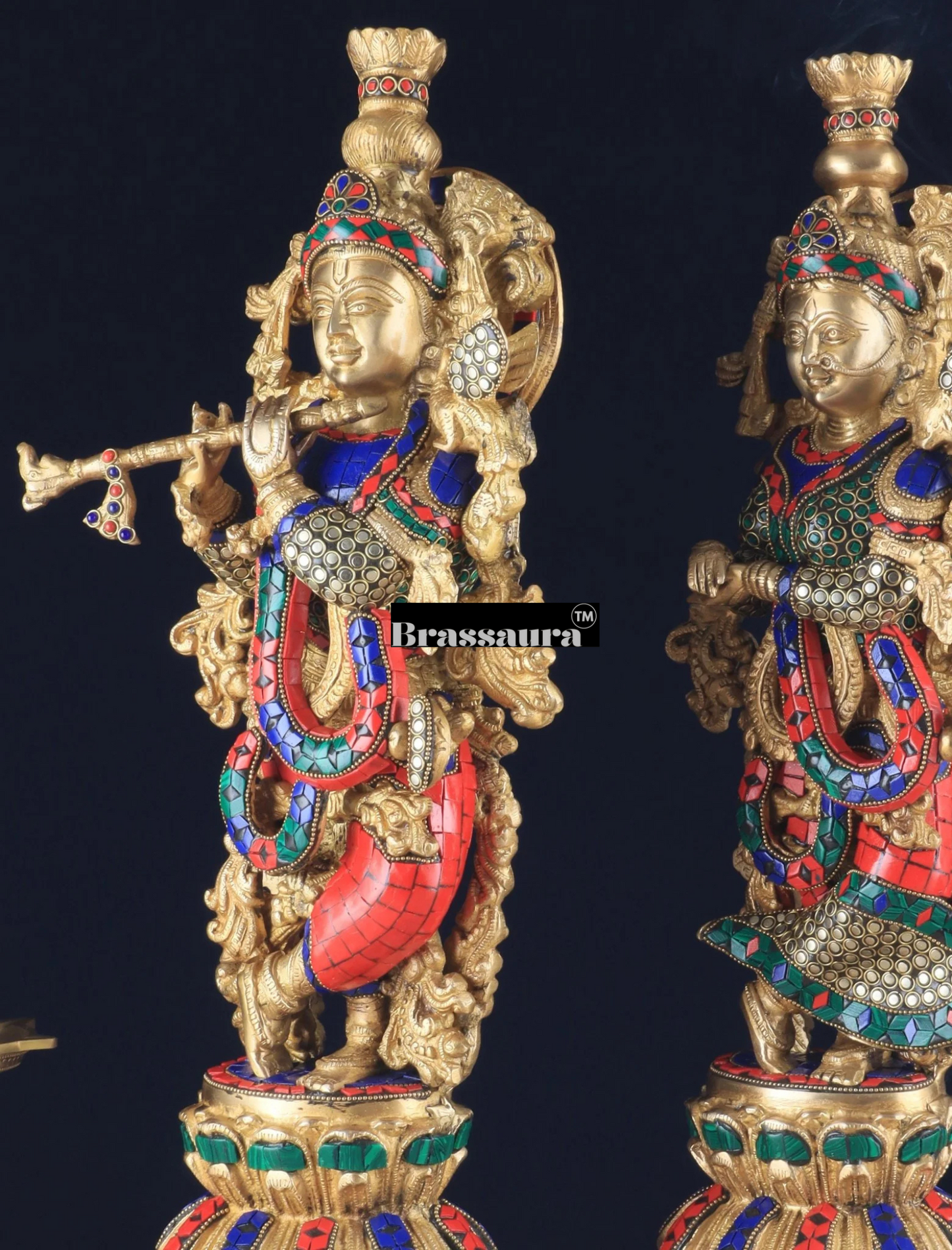 Brassaura™ Pure Brass Radha Krishna Statue with Rings & Natural Stones – Height 21 Inches & Weight 18 Kgs | Devotional Idol