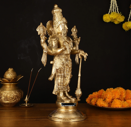 Brassaura™ Brass Standing Vishnu Idol – Height 20 Inches & Weight 12 Kgs | Meditation & Spiritual Accent